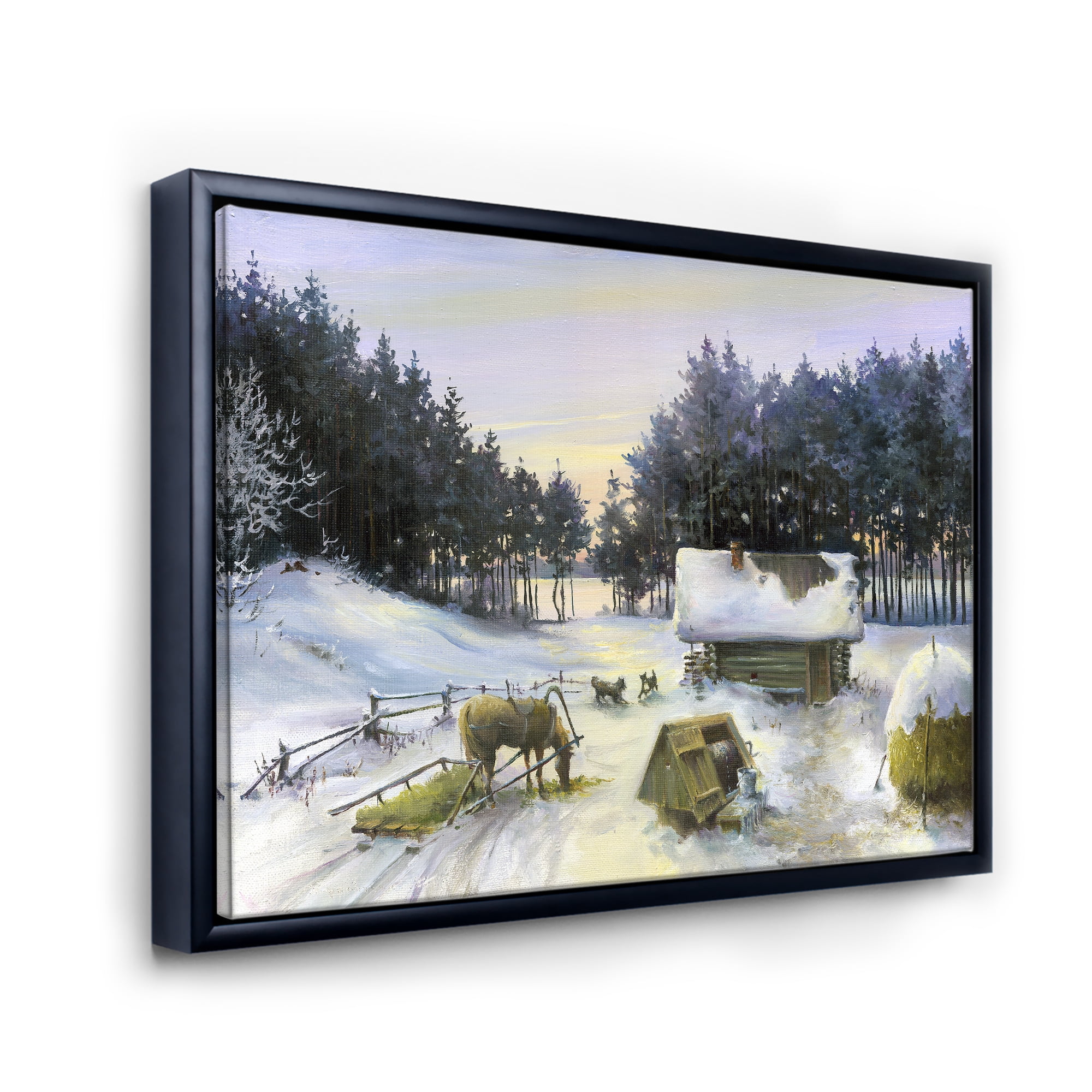 Designart 'Cottage Covered In Snow With Winterscene' Country Framed Canvas Wall Art Print