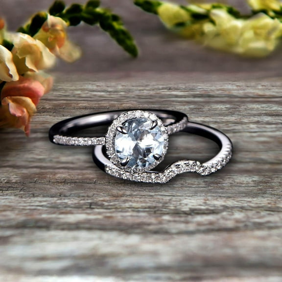 6mm Round Cut 2.25 Carat Aquamarine Engagement Ring Set With Curved Diamond Matching Band 10k White Gold Bridal Ring Set