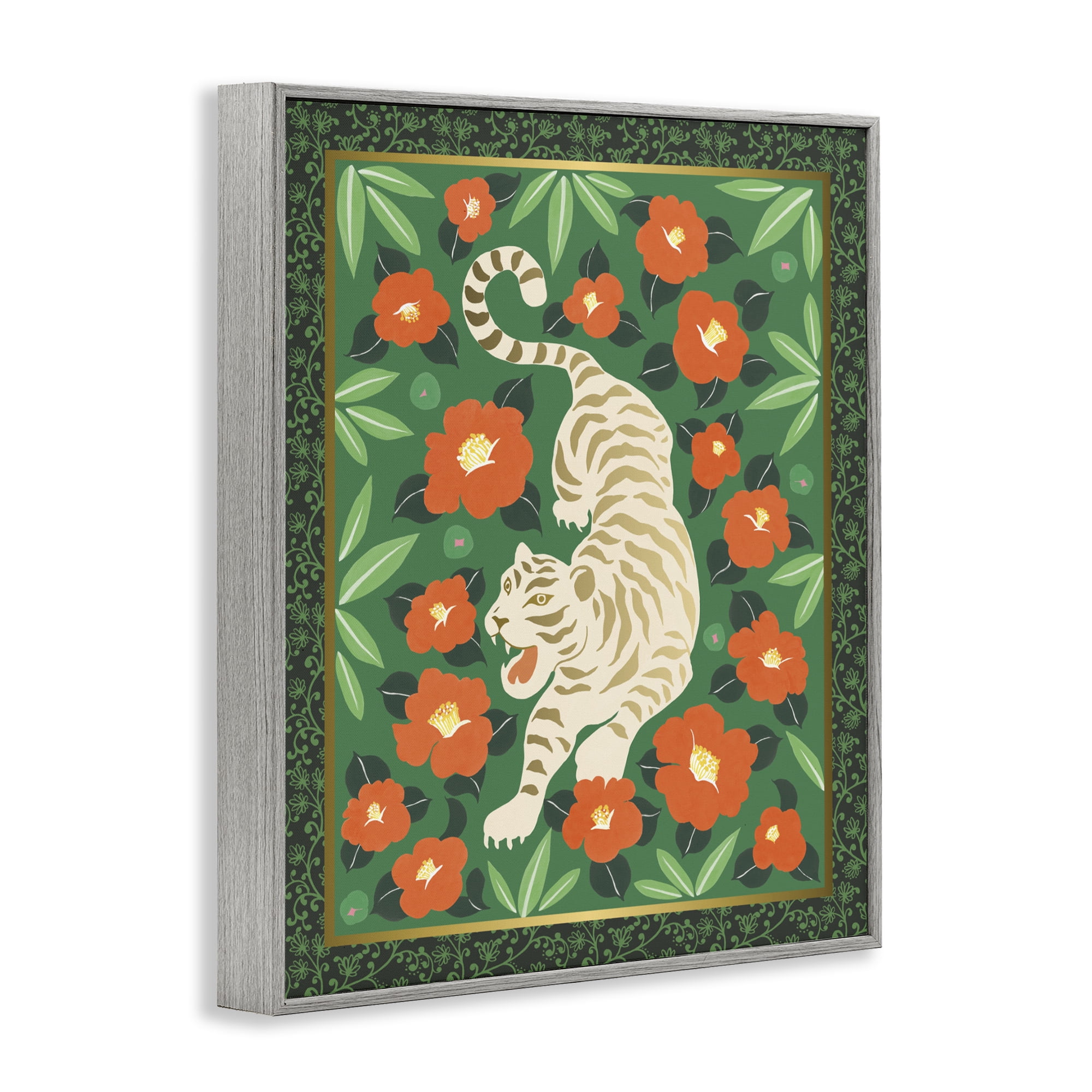 Stupell Industries Eclectic Tiger & Hibiscus Gray Framed Giclee Art, design by Karolina Sato