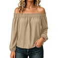thumbnail image 3 of Tqcoqu Women's Off Shoulder Long Sleeve Cotton Linen Blouse, Elastic Ruffle Neckline Puff Sleeve Casual Solid Top, 3 of 8