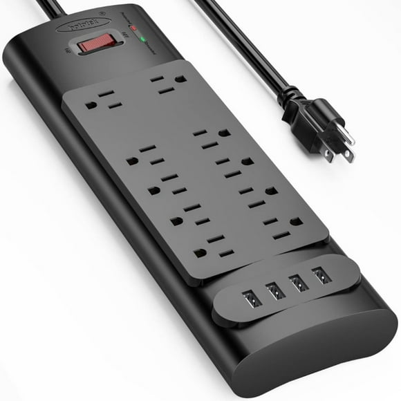 Bototek - Power Bar with 12-outlet, Surge Protector 2980 Joules, 4 USB Port, 6ft cord, Black