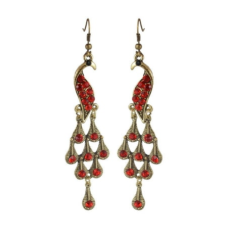 - Pair Red Rhinestone Decor Metal Peacock Fish Hook Earrings for Woman