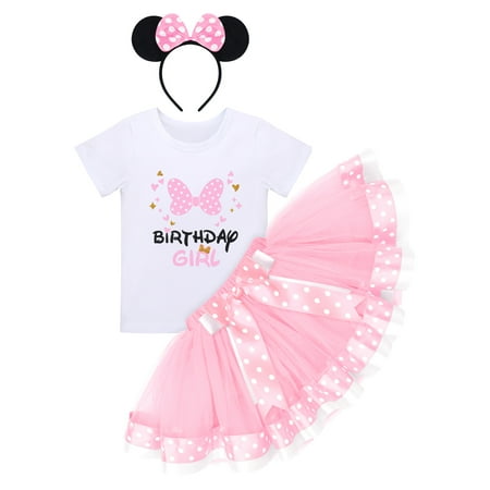 

IBTOM CASTLE Toddler Girls Birthday Outfit Polka Dots Tops Tutu Skirt Mouse Ears Headband Cake Smash Leisure Set (3-Piece 3-5T)