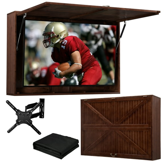Outdoor TV Hard Cover, Solid Wood Weatherproof TV Enclosure w/ Wall Mounting Bracket , 600D Oxford Outdoor TV Cover (Fits 32-55 Inches), Walmut