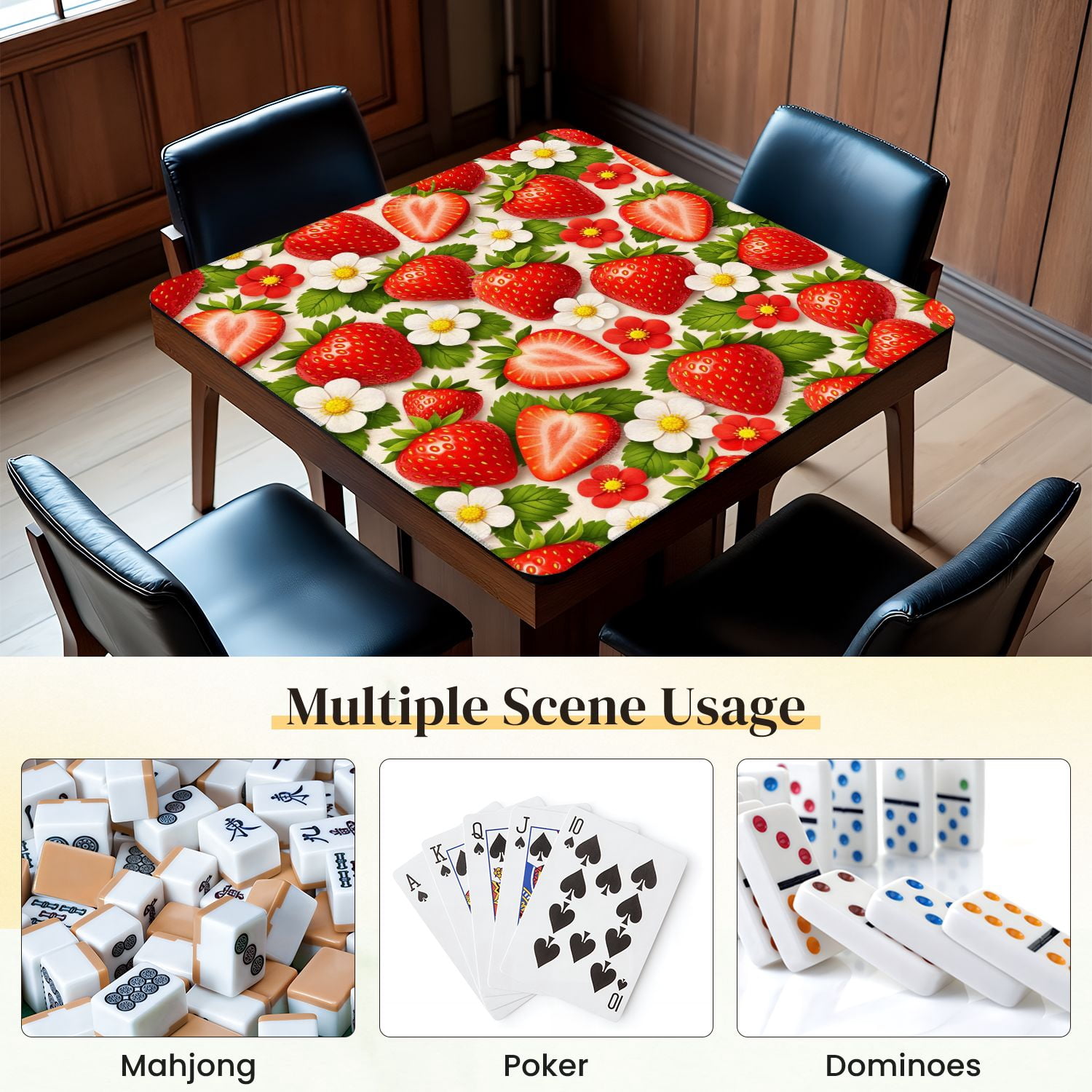 Mahjong Mat 31.5" x 31.5" Seamless Strawberry Red Berries Green Leaves Anti-Slip and Noise Reduction Symmetry Design Mahjong Tiles Table Cover for Dominoes Poker Card Board and Tile Games