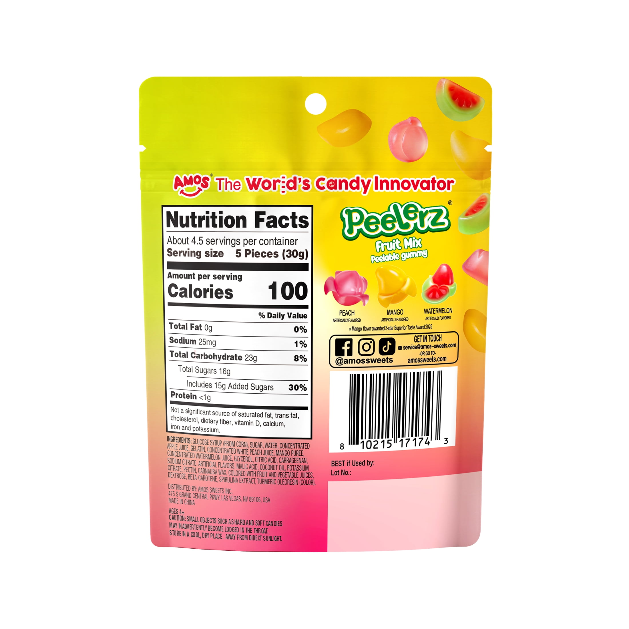 AMOS Peelerz Fruit Mix Gummy Candy, Gluten, Milk and Nut Free, 5 oz Bag