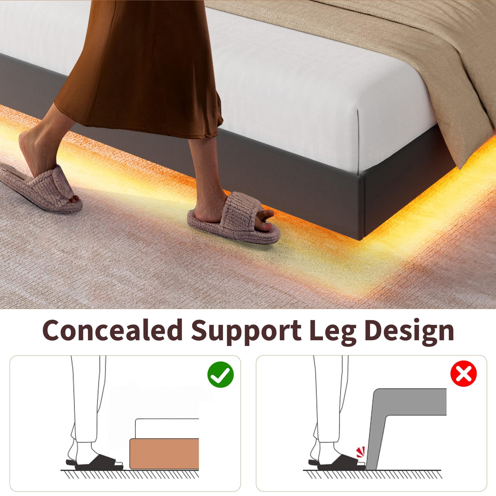 Huisuilinss Floating Bed Frame Full,Queen Size Upholstered Platform Bed With LED Lights & Charging Station,Storage Headboard & Folding Shelves Storage,Metal Slats Support,No Box Spring Needed