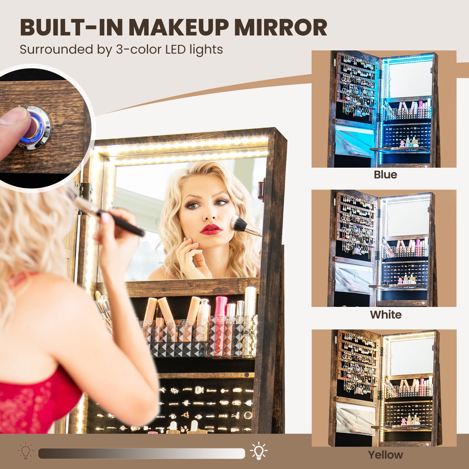 Costway 360° Swivel Jewelry Cabinet Organizer 3-Color LED Mirror with Built-in Lights Coffee
