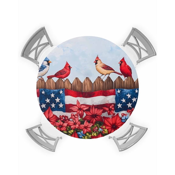 nqOlkjepod 4th of July Round Tablecloth, Fitted Table Cover with Elastic for 45"-54" Round Tables, Star Stripe Vintage Red Blue Patriotic Flower Table Cloth Dinning Party Waterproof Tablecloths