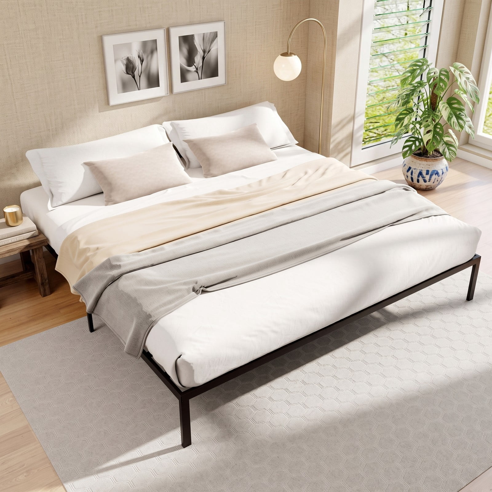 Furnibear Queen Metal Bed Frame Platform Bed with Heavy Duty Steel Slats and Reinforced Center Legs for Guest Room, Black