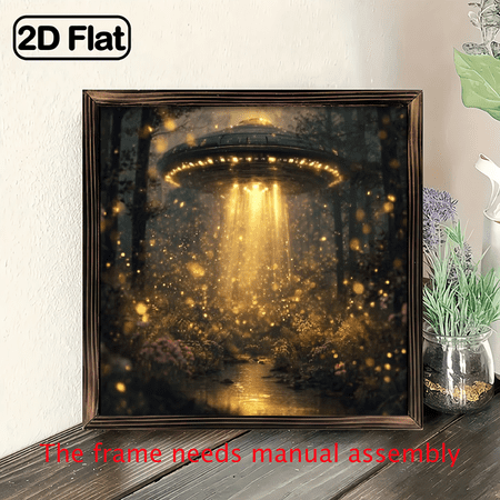 1pc, Spaceship Landing in the Virgin Forest Wooden Frame Photo Frame (8x8''),Handmade Photo Transfer,Home Living Room Bedroom Wall Decoration,Rustic Farmhouse Art Wall Decoration,Framed
