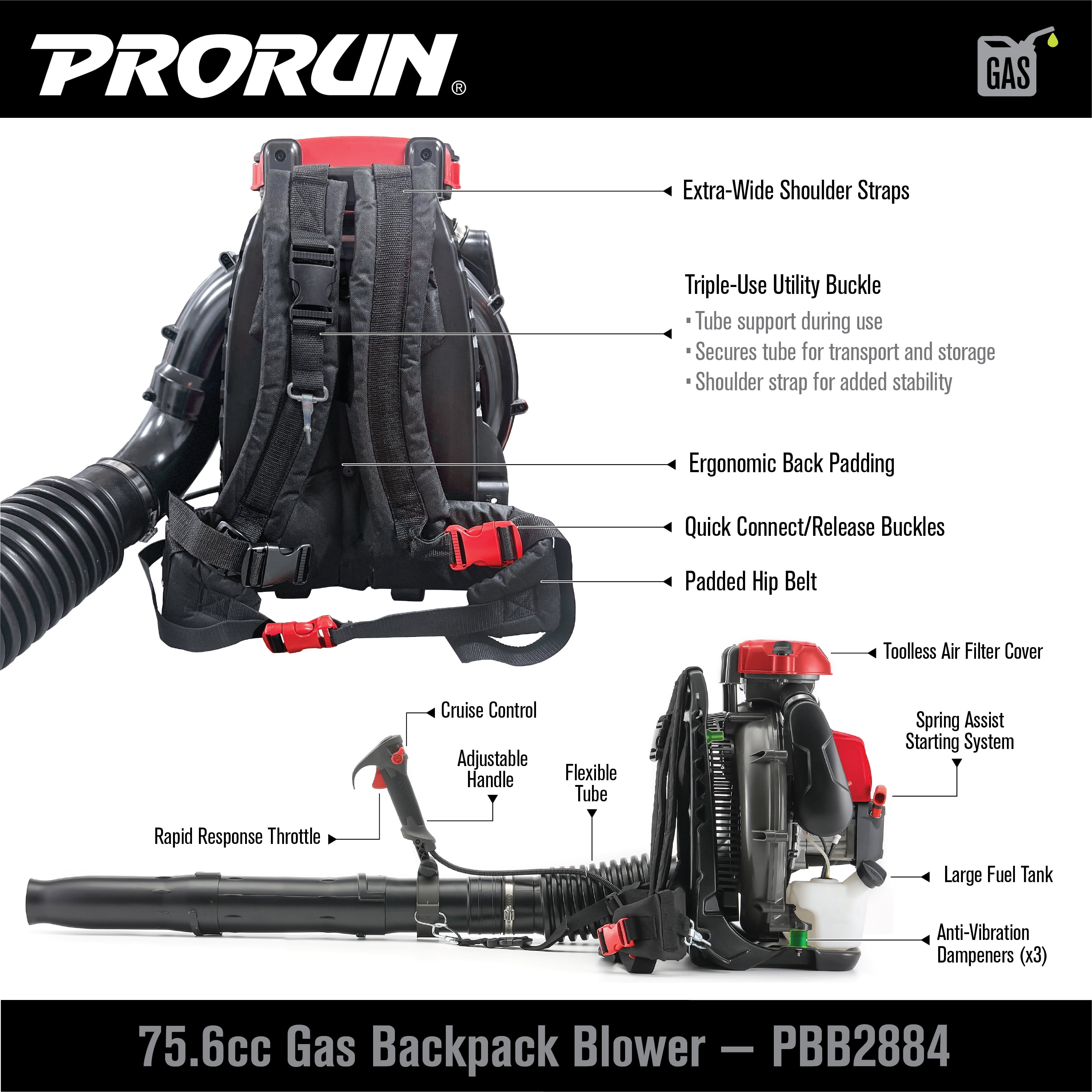 PRORUN 75.6cc 1020 CFM 240 MPH Gas-Powered 2-Cycle Backpack Leaf Blower