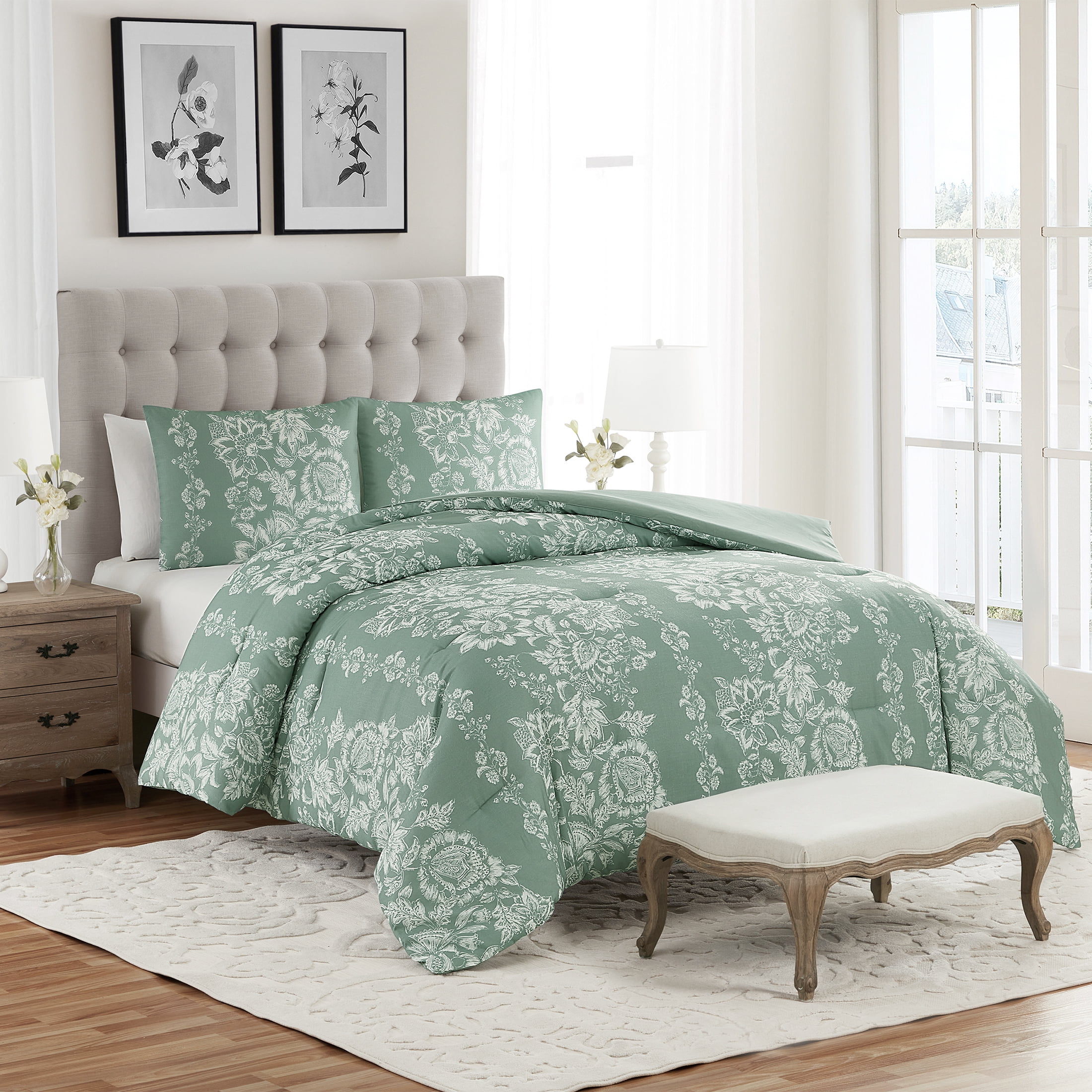 My Texas House Caroline 3-Piece Green Floral Slub Comforter Set, King