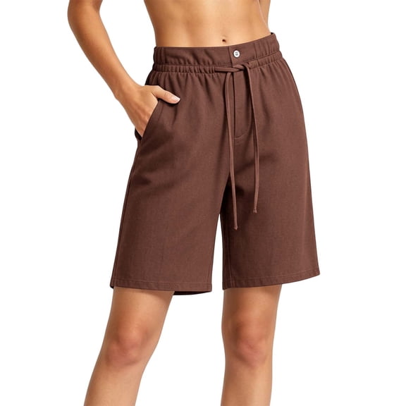 Yteetum Bermuda Shorts for Women Summer Drawstring Button Knee Length Shorts Casual Solid Loose Fits Lightweight Comfy Hiking Shorts
