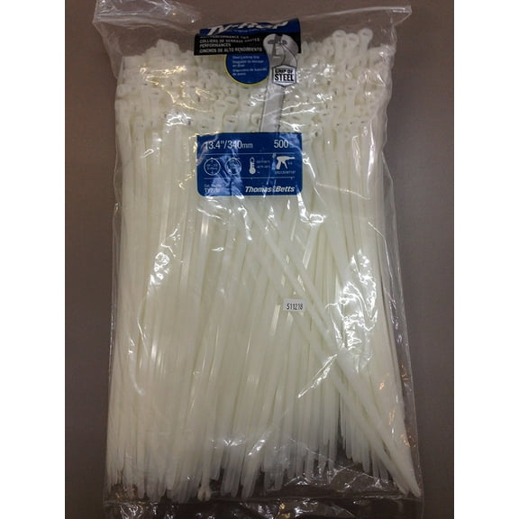 TY27M Cable Tie 120lb 13" Natural Nylon with Stainless Steel Locking Device, 500 Per Bag