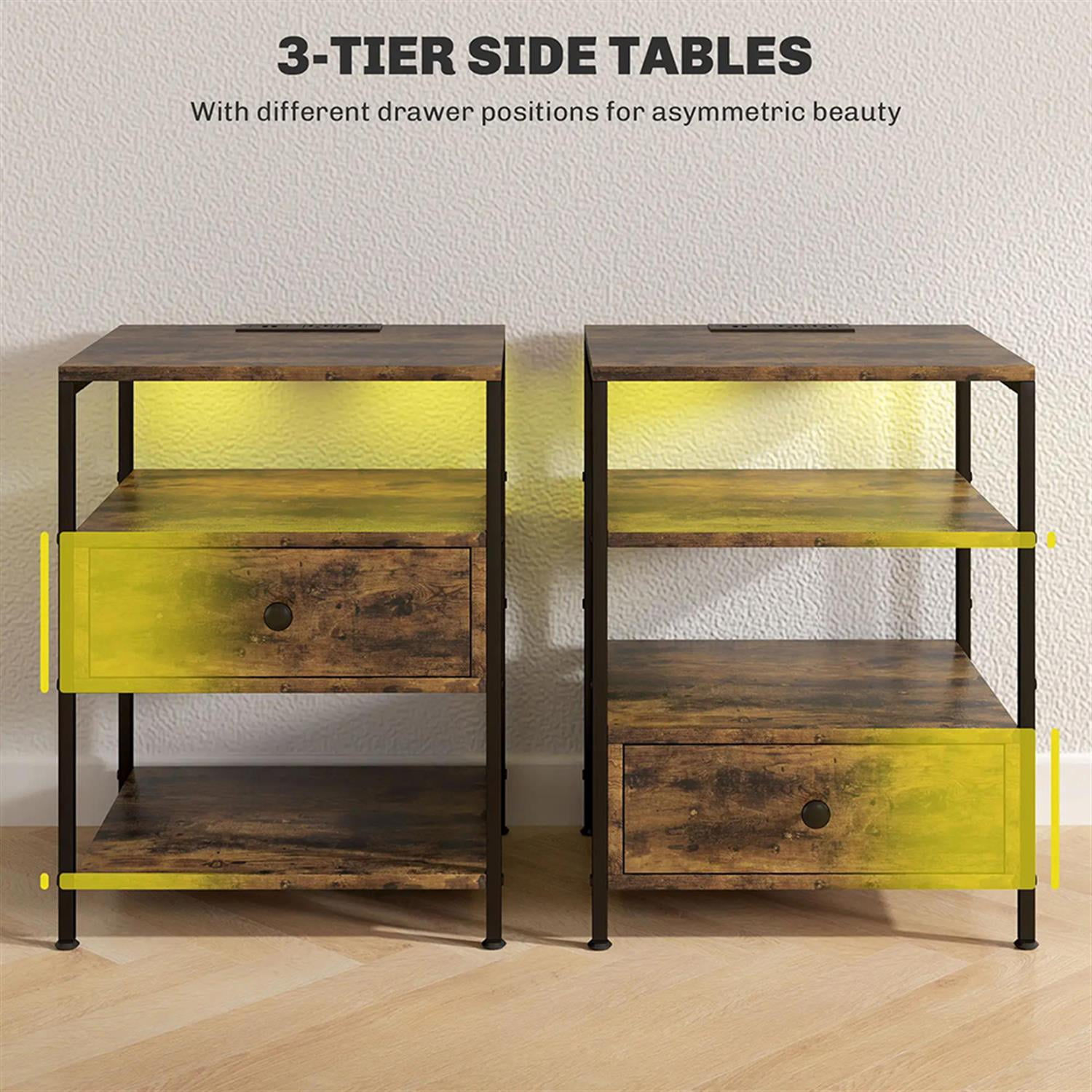 Demi Bonn Nightstand with Charging Station Set of 2, Side Table with Drawers and LED Lights, End Table with Open Shelf for Bedroom, Living Room, Brown