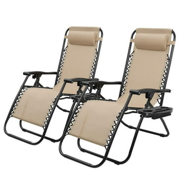 Set of 2 Patio Zero Gravity Chair, Outdoor Adjustable Folding Reclining Chairs with Steel Tube, Pool Side Using Lawn Lounge Chair with Pillow for Beach, Pool, Courtyard, Balcony (Beige)