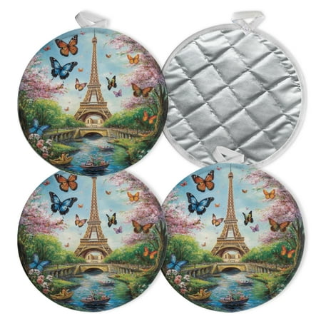 

4 PCS Pot Holders for Kitchen Potholders Sets with Hook for Oven Cooking Baking Eiffel Tower Surrounded By Butterflies