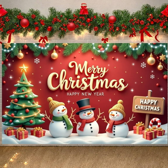 Red Background Christmas Banner Snowman Design Xmas Display Christmas Tree Decor Gift Box Pattern Holiday Backdrop for Christmas Party New Year Celebration Indoor Decoration