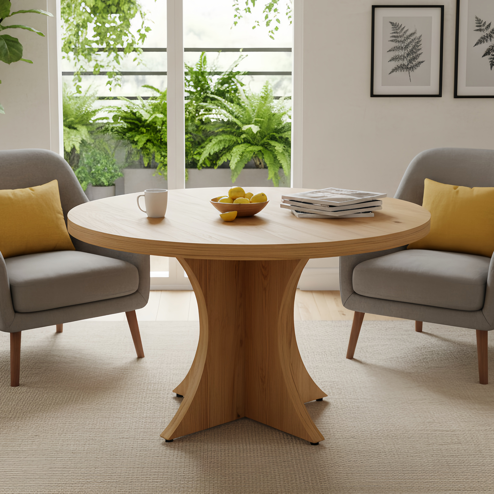 Farmhouse Round Dining Table, 47-Inch 4-6 Seater Wood Table with Pedestal Base, Small Space Kitchen Dinner Table for Dining Room Living Room, Brown