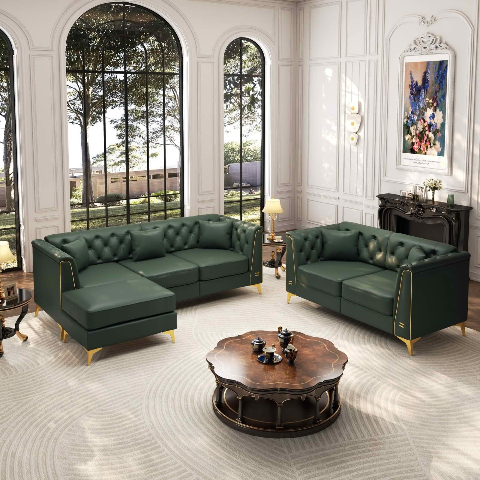 MAYEERTY Light Luxury Modular Chesterfield Sectional Sofa, Faux‑Leather Combination with Button Tufting, Metal‑Trim Armrest & Slim Metal Legs, 5 Pillows Included