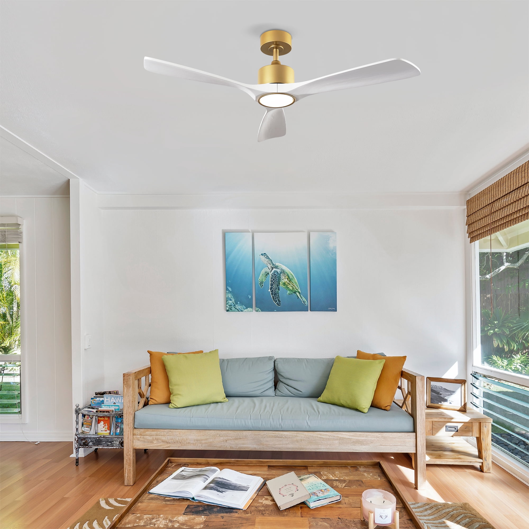 Ceiling Fan with Light, 52 Inch Solid Wood Blade Fan for Living Room Bedroom Home Decor, Gold White Walnut