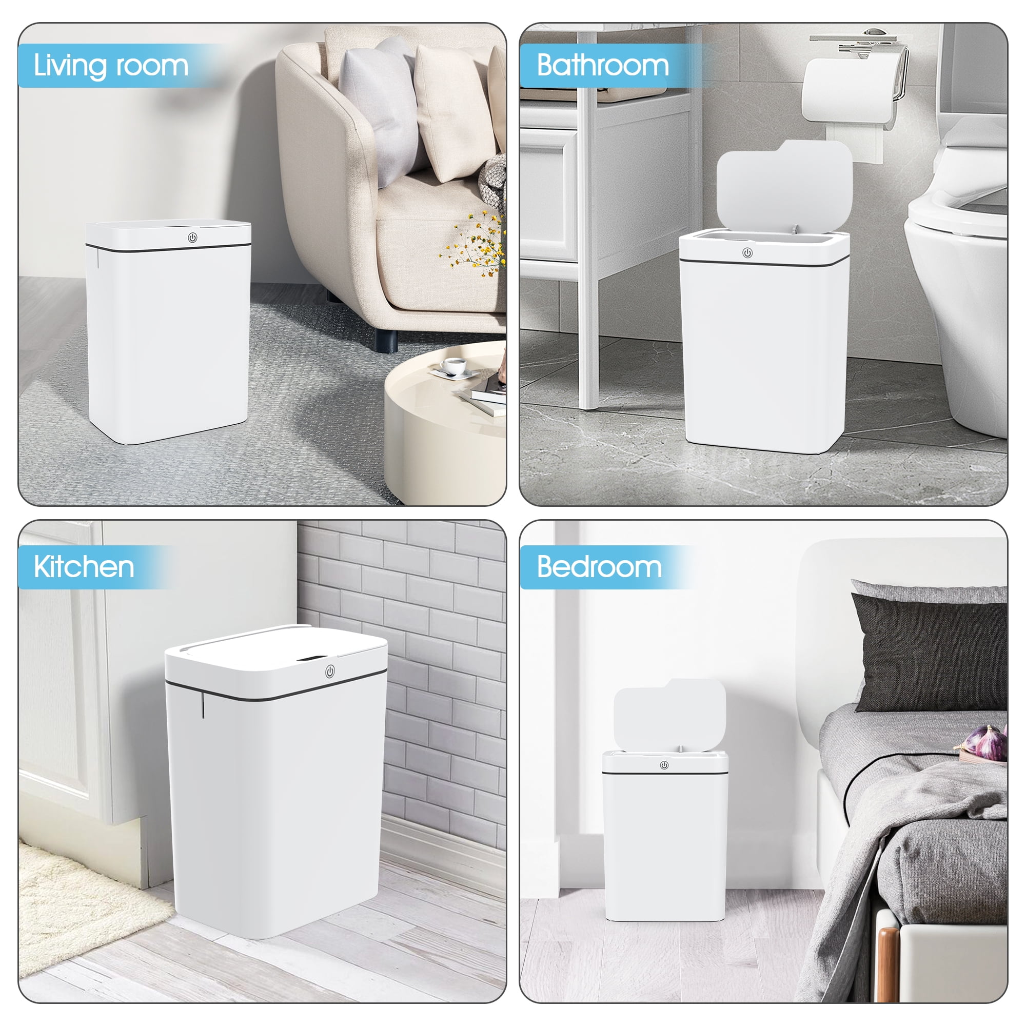 CshidWorld Automatic Bathroom Trash Can with Lid, 3.95 Gallon Touchless Trash Bin, Smart Plastic Slim Garbage Can Small White Wastebasket for Bedroom, Bathroom, Office, Living Room, Toilet, RV