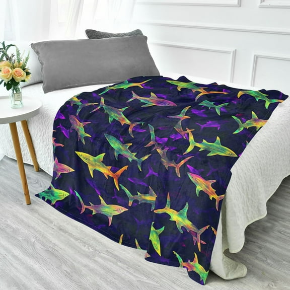 70x55 Inches Glow in The Dark Blanket Cozy Throw Camping Blankets for Home and Outdoor Use Neon Colors Sharks