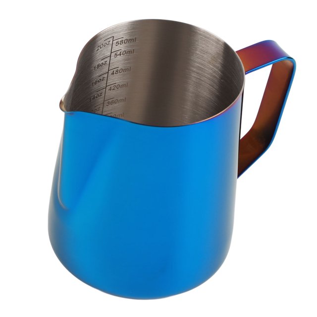 Jarra de espuma de leche 600 ml Eagle Spout Taza de espuma de café Jarra de espuma de acero inoxidable 304 de grado alimenticio con escala Titanio Azul