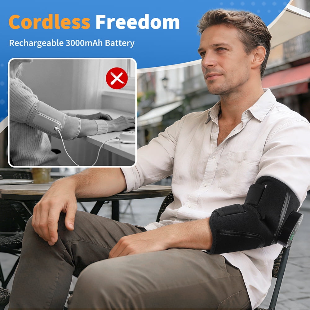 Cordless Elbow Heating Pad for Elbow Relief,  Heated Massage Elbow Brace with 3000mAh Battery, 5 Heat Levels and 3 Vibration, Heating Pad for Joint  Arm Relief