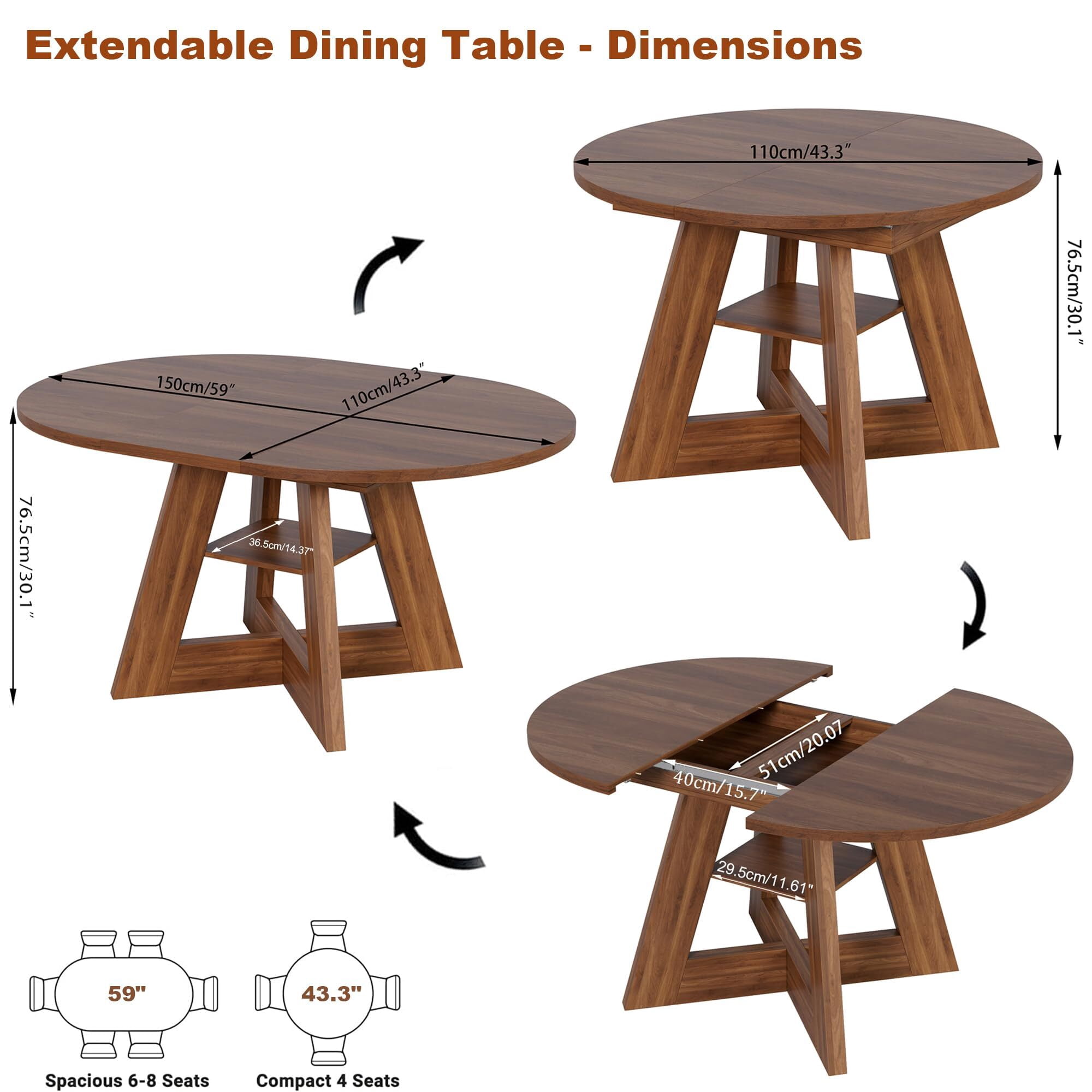 Fsbecl Mid Century Modern Extendable Round Dining Table 43.3in-59in for 4-8, Wooden Kitchen Dining Table, Walnut