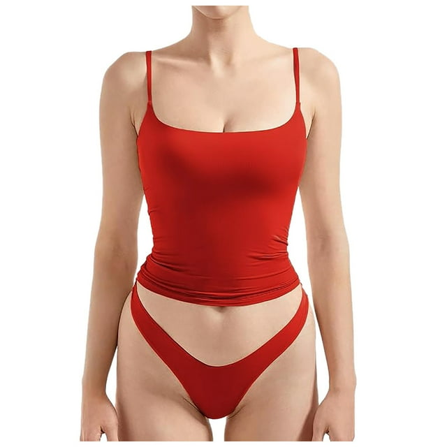 Krdevn Women's Square Neck Tank Top Summer Sleeveless Basic Shirt Y2K Style Going Out Cami with Underwear Set,Color: Red Size: XS