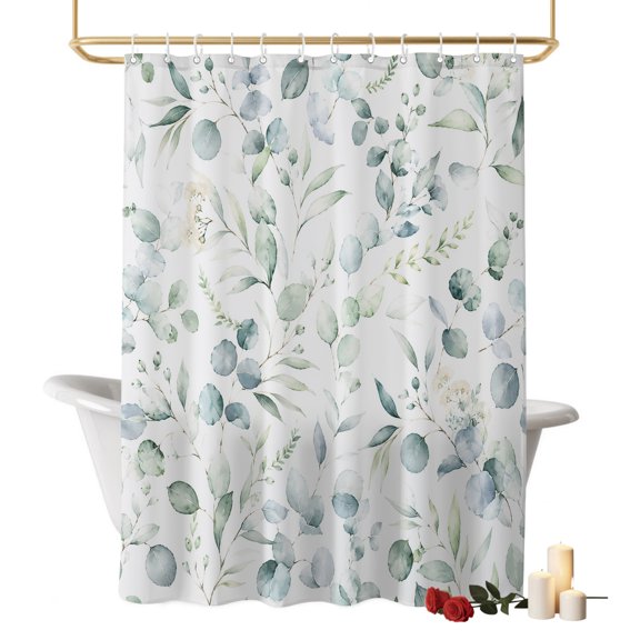 Eucalyptus Leaf Bathroom Shower Curtains with Hooks, Sage Green Watercolor Botanical Waterproof Fabric Washable Shower Curtain for Home Hotel Bathtub Decor 60x72 Inch