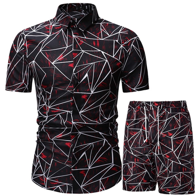 xiaxaixu Men Beach Outfits Printed Lapel Button Down Shirt + Drawstring Shorts