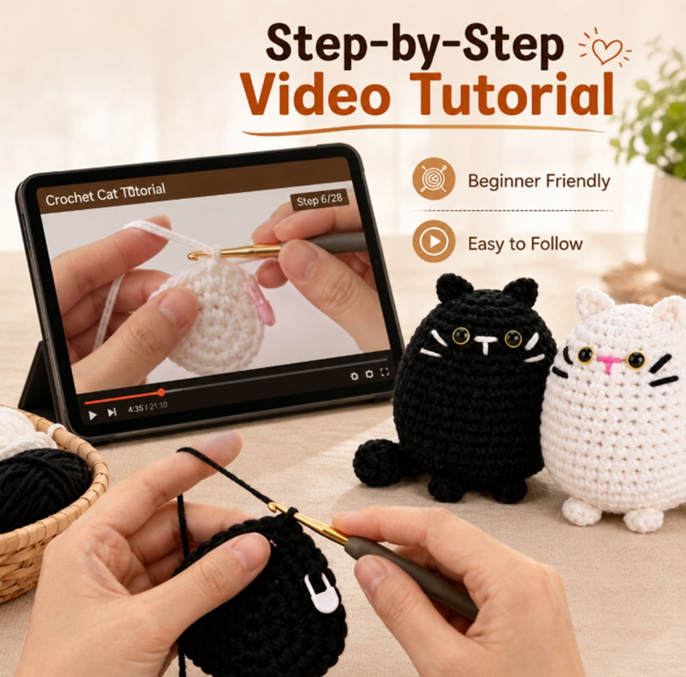 2 Pack Cat Crochet Kit for Beginners, Cat Amigurumi Starter Set with Step by Step Video Tutorials, TIKA