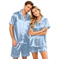 thumbnail image 3 of Garbnen Silk Matching Pajama Sets for Couples 2 Piece Short Sleeve Button Down Sleepwear Pjs Shorts Set Cozy Loungewear for Women 2 Piece Set Blue 4XL, 3 of 8