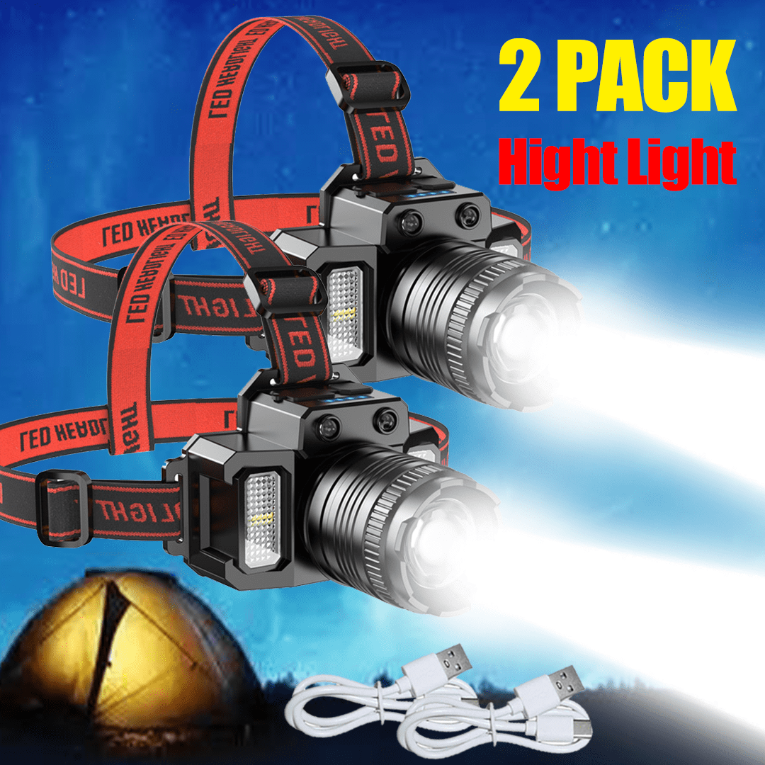 2-Pack Motion Sensor Headlamps, USB Rechargeable LED Headlight with Zoomable Beam, COB Side Light & Power Bank Function, 5 Modes Waterproof Head Torch for Camping, Hiking, Running