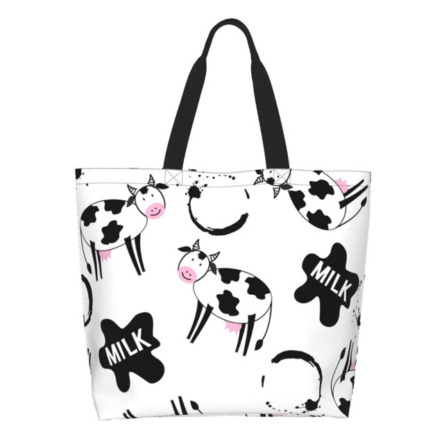 Fotbe Cute Cow and Milk Stains Bolsa Tote Estética de Lona con Estampado para Mujer - Bolsa Reutilizable de Hombro Casual para Vacaciones, Compras, Trabajo y Gimnasio