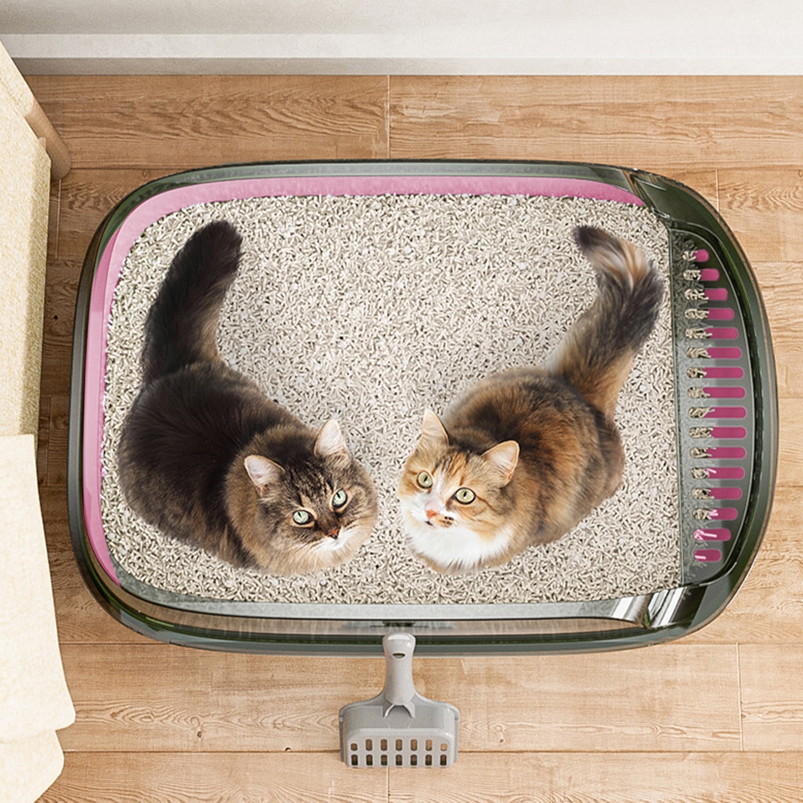 Pink Semi Enclosed Cat Litter Box For Kittens High Sides 12L Capacity Thickened Plastic With Litter Scoop