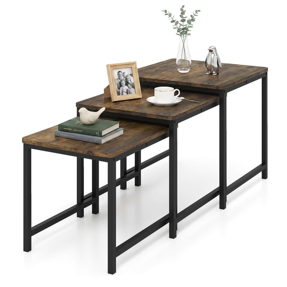 Gymax 3PCS Nesting Table Side Tables w/Metal Frame Space-Saving Stacking End Table Rustic Brown & Black