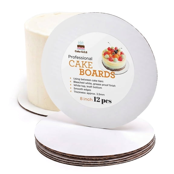 Cake S.O.S 8 inch Round White Coated Cardboard Cake Board, Greaseproof, (12-pack)