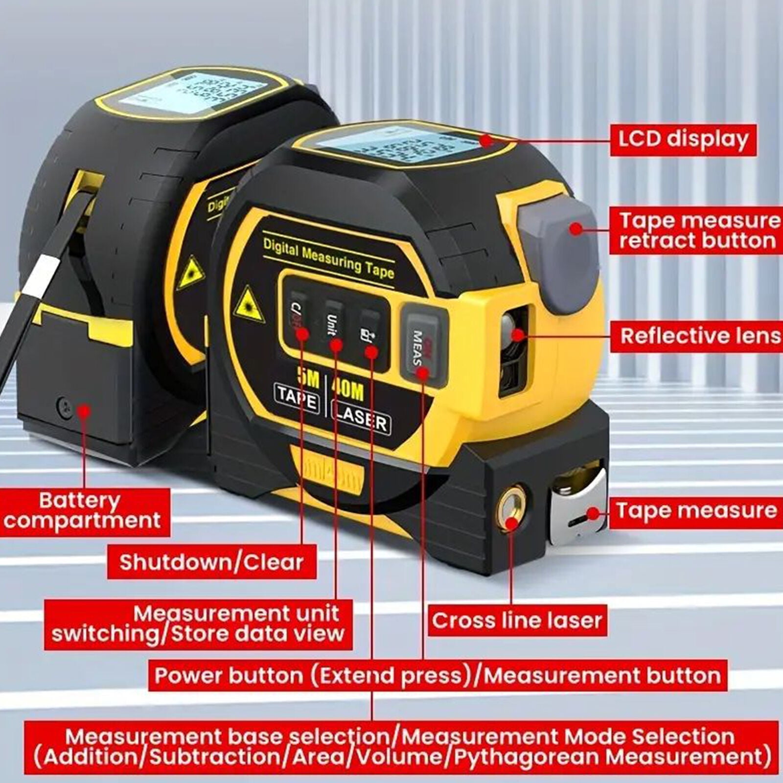 3 in 1 Digital Laser Tape Measure & Laser Cross Marking 131ft/40m Laser Distance Meter and 16Ft/5m AutoLock Tape Backlight LCD Screen for Indoor and Outdoor Use
