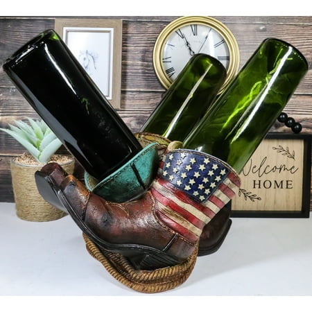 Western Patriotic American Flag Faux Tooled Leather Boots 3 Bottles Wine Holder