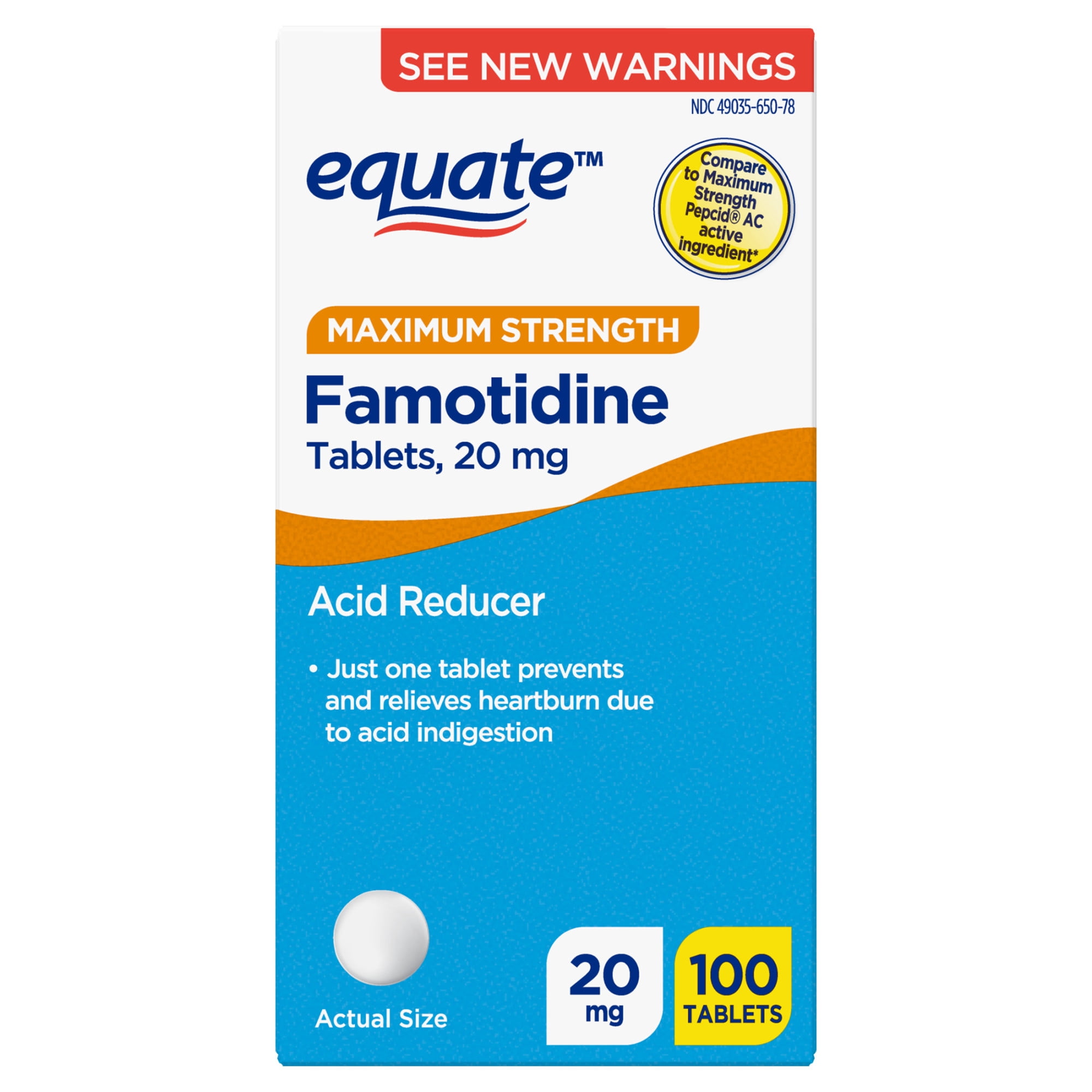 Equate Maximum Strength Famotidine Tablets, 20 mg, Acid Reducer, 100 Count, Compare to Maximum Strength Pepcid AC Active Ingredient
