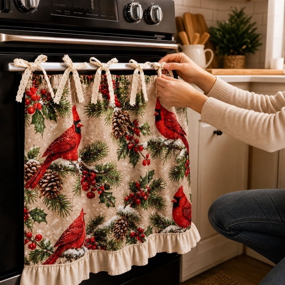 Christmas Oven Skirt,Vintage Plaid Door Cover Curtain for Kitchen Decor