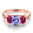 thumbnail image 3 of Gem Stone King 18K Rose Gold Plated Silver Blue Tanzanite and Red Created Ruby Filigree Style 3 Stone Ring for Women (2.16 Cttw, Oval 8X6MM and 6X4MM) (Size 6), 3 of 6