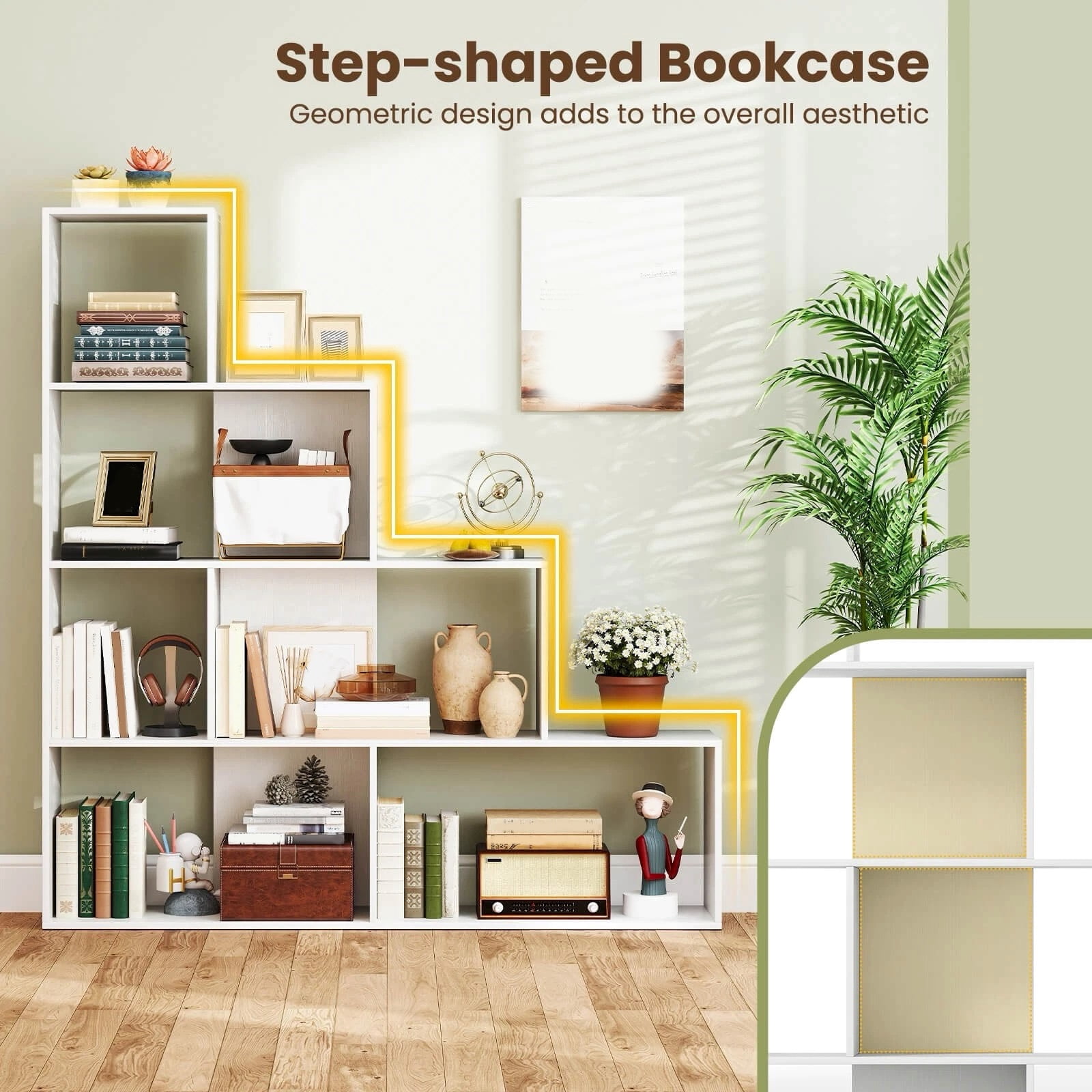 Auranook 4-Tier Bookshelf with 6 Storage Cubes 64" Tall Modern Geometric Stair Bookcase