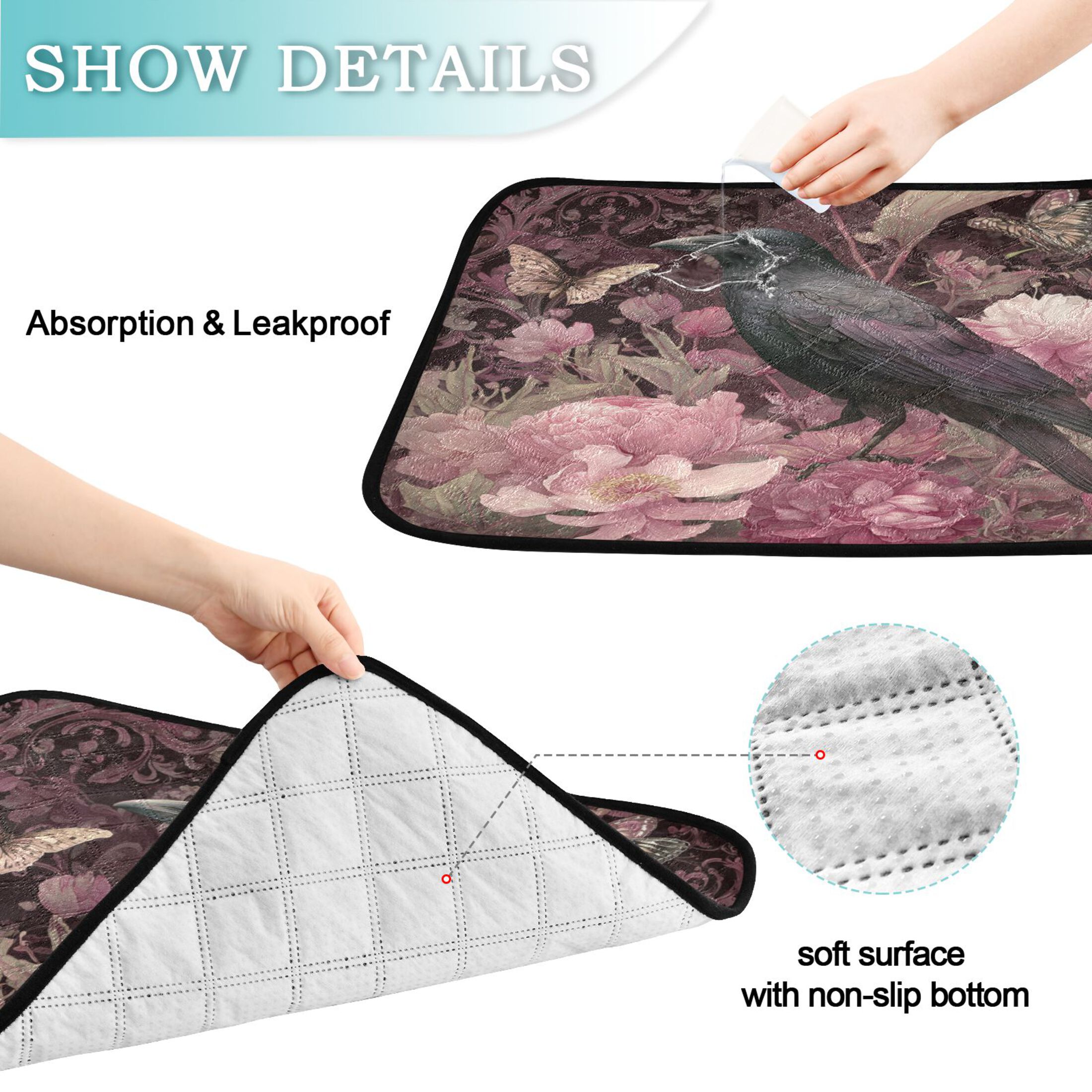 Qxltty Peony Crow Cat litter Pads Pet Set of 3 Diaper Mats Center Anti-leakage Layer Absorbent Soft and Comfortable