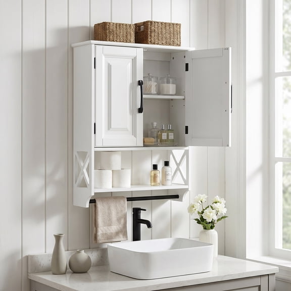 Bathroom Wall Cabinet, 25"x19" Farmhouse Wall Mounted Medicine Cabinet with 2 Raised Panel Doors, Adjustable Shelf & Towel Bar–Over Toilet Storage Organizer for Laundry Room, Entryway