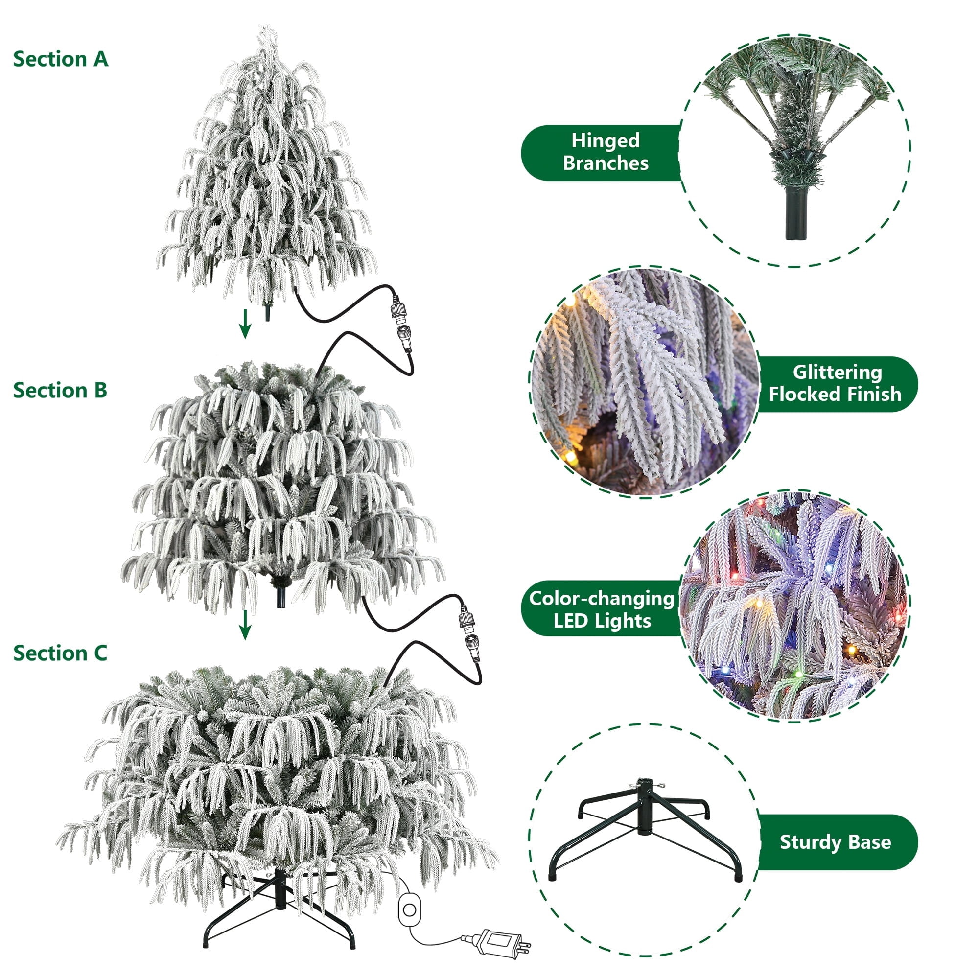 7.5' Pre-Lit Glittering Snow-Flocked Hamilton Spruce White Artificial Christmas Tree with 450 Color-Changing LED Lights and Stand, by Holiday Time